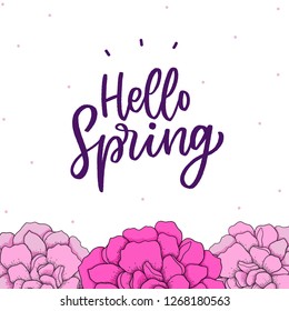 Spring flower background with hand drawn lettering hello spring. Welcome spring typography for card, poster, banner.