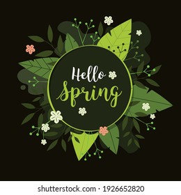 Spring flower background. Hello spring text in dark circle frame