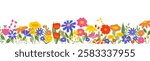Spring flower background. Horizontal floral banner with blooming branches, blossom botanical garden border with colorful flower petals. Vector cartoon flowers illustration.