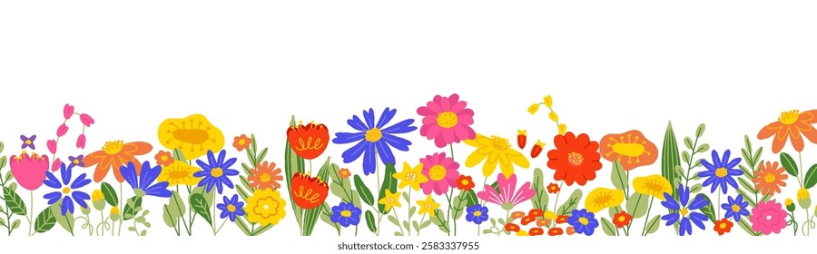 Spring flower background. Horizontal floral banner with blooming branches, blossom botanical garden border with colorful flower petals. Vector cartoon flowers illustration.