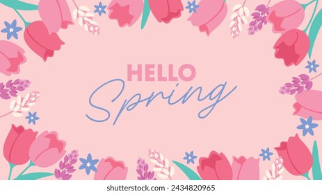 Spring flower background material, pink tulips and small flowers