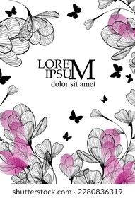 Spring flower background. Postcard with pink flowers and butterflies. Vector illustration