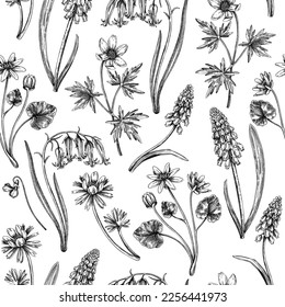 Spring flower background in vintage style. Hand-drawn wild blooming plants design. Bluebell, grape hyacinth, wild garlic, fritillary, winter aconite, wood anemone. Wildflowers illustration for print