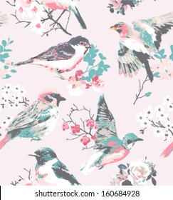 spring flower with bird seamless pattern pink background