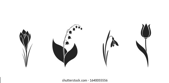 spring flower black silhouette set. crocus, snowdrop, tulip and lily of the valley. floral design element. isolated vector image