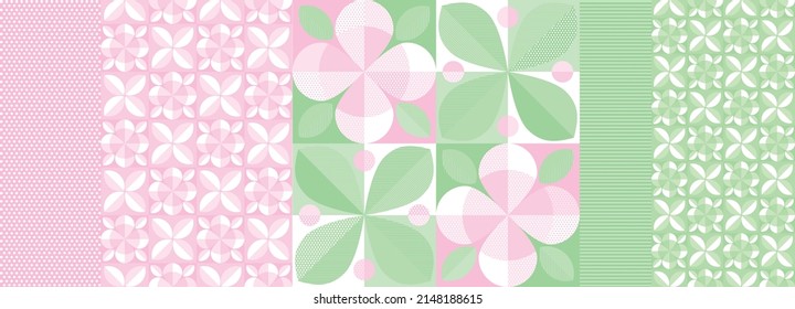 Spring flower blossom abstract geometry seamless patterns set. Pastel color laconic elegant floral pattern for for background, fabric, textile, wrap, surface, web and print design. Vector illustration