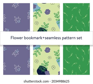 Spring flower bookmark and seamless pattern set.