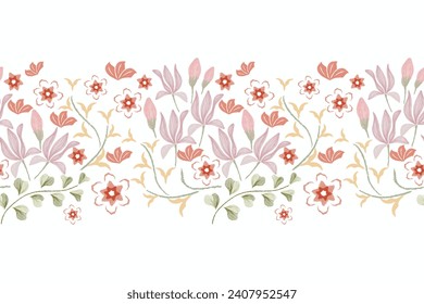 Spring Flower border patterns seamless embroidery ethnic batik vintage. Flower motifs paisley batik print template. Peach pink flowers ikat design hand drawn. Vector illustration. 