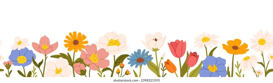 Spring flower border. Seamless blooming colorful wildflowers horizontal frame border. Natural meadow fresh flowers and plants, botanical floral vector illustration. Springtime garden with blossom