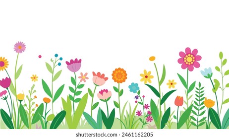 Spring flower border. Seamless blooming colorful wildflowers horizontal frame border. Natural meadow fresh flowers and plants, floral vector illustration.