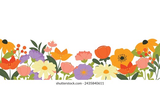 Fondo dibujado a mano botánico de la flor de primavera. Banner floral con flores silvestres, hoja dibujada a mano, follaje. Ilustración de vector plano de flor de primavera para marco, fondo, borde, cubierta.