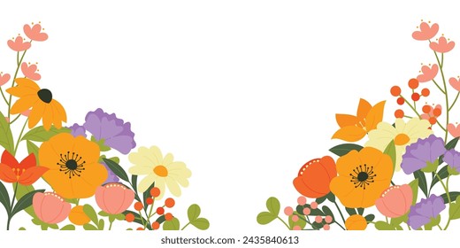 Fondo dibujado a mano botánico de la flor de primavera. Borde floral floreciente con flores silvestres, hoja dibujada a mano, follaje. Ilustración de vector plano de flor de primavera para marco, fondo, bandera, cubierta.