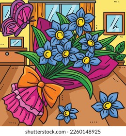 Spring Flower Bouquet Colored Cartoon Illustration