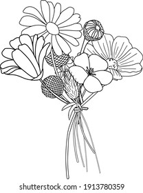 Spring flower bouquet. Doodles style. Hand drawn botany elements. Froral collection illustrations