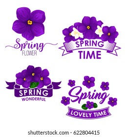 Spring Flower Bouquet Isolated Symbol Set. Flowers Of Violet And Jasmine With Green Leaf And Ribbon Banner. Floral Icon For Springtime Holidays Design