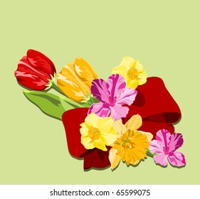 Spring flower bouquet with a red bow