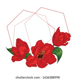 Spring flower bouquet. Red Tulips isolated on white background Realistic botanical sketch. Trending frame and place for text. Watercolor vector style. Women, mother days, 8 march, wedding design