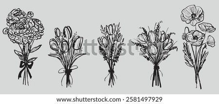 Spring flower bouquets design. Peony, tulip and poppy floral composition in brush stroke texture. Hand drawn vector sketch illustration in vintage charcoal ink style. 8 March, wedding design.