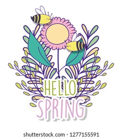 spring flower with branches leaves and bees