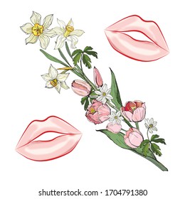 spring flower brush and daffodils, tulips and anemones and female lips, kiss