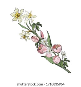  spring flower brush made of daffodils, tulips and anemones, and the inscription wish for health