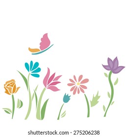 Spring flower with butterfly. Colorful Field. Vector.