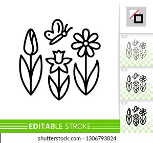 Spring flower with butterfly thin line icon. Holiday poster. Banner in flat style. Simple illustration, outline symbol. Linear pictogram. Vector sign isolated white. Editable stroke icon without fill