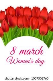 Spring flower card background template. Woman wedding floral poster. Bouquet design isolated white. Lady holiday girl frame. 8 march international women's day. Realistic tulips vector.