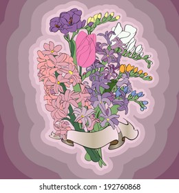 Spring flower card, multicolored hand drawn illustration of a bouquet over a vintage violet background