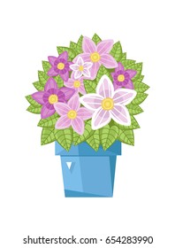 Spring flower in ceramic pot isolated icon. Plants indoor room, houseplant, floral interior decoration design element vector illustration.
