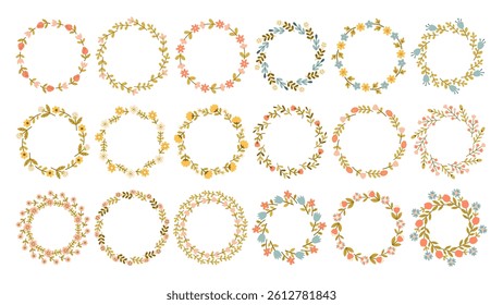 Spring flower circle frame big set. Floral circle frame. Hand drawn botanical round border, laurel, wreath with branches, leaves and flowers illustration for wedding invitation, card, logo