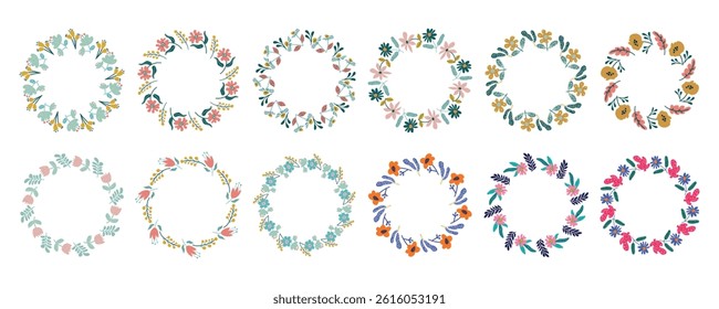 Spring flower circle frame big set. Hand drawn botanical wreaths featuring branches, leaves, and flowers. Vector isolated illustrations perfect for wedding invitations, cards, and logos.	