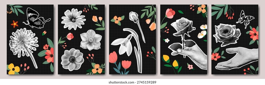 Spring flower collage with halftone hand, vintage butterfly and retro negative photocopy effect. Social media banner with floral sticker of cherry blossom, dandelion and tulip. Trees plant for mixed media.