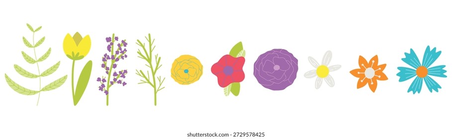 colección de flores de primavera. colores brillantes Elementos aislados para el diseño y la decoración. incluye el color Cloud Dancer.
