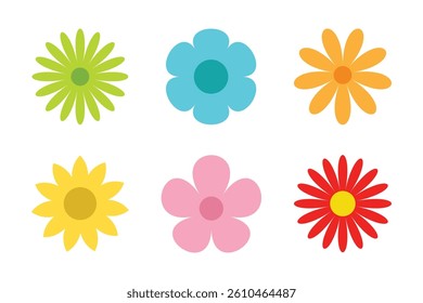 Spring flower collection. Daisy. Chamomile. Sunflower. Cornflower. chrysanthemum. Colorful floral set. Fresh and blooming elements. Flat design. Growing concept. White background Isolate