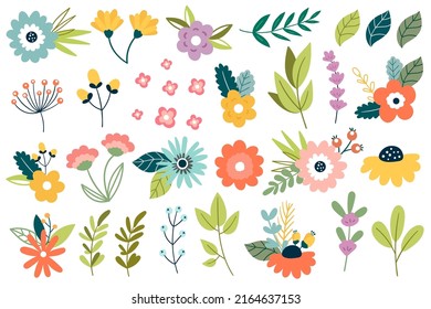 Colección de flores de primavera con hojas, ramos de flores. Elementos botánicos simples en iconos de estilo folk aislados en fondo blanco. Ilustración del vector