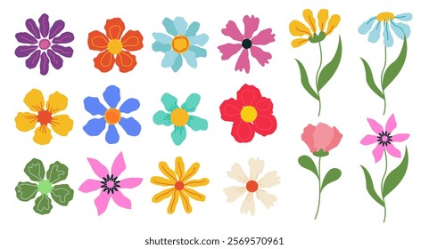 Spring Flower Collection. Set floral of wildflower, leaf branch, foliage on white background. Hand drawn blossom illustration for decor, easter, thanksgiving, clipart.