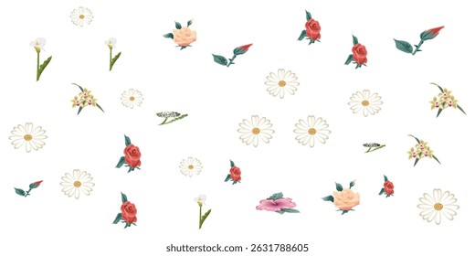 Spring Flower Collection. Set floral of wildflower, leaf branch, foliage on white background. Hand drawn blossom illustration for decor, easter, thanksgiving, clipart.. eps 10