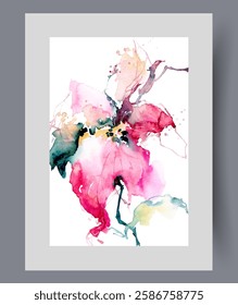 Spring flower with colored petals and bright and fragrant pollen scattered to sides by wind. Watercolor painting with summer flower for illustrations to literature on floriculture and botany