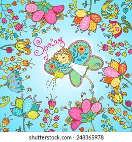 Spring  flower composition background.  Hand drawn doodle floral design template.  Can be used for cards, invitations, banners, web pages, template for design and decoration, etc