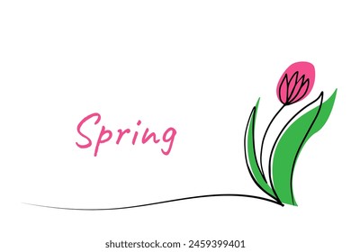 Spring flower in continuous line art style set. Doodle color floral background with tulip flower blooming. Minimalist black outline design isolated on white background. Vector illustration