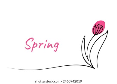 Spring flower in continuous line art style set. Doodle color floral background with tulip flower blooming. Minimalist black outline design isolated on white background. Vector illustration