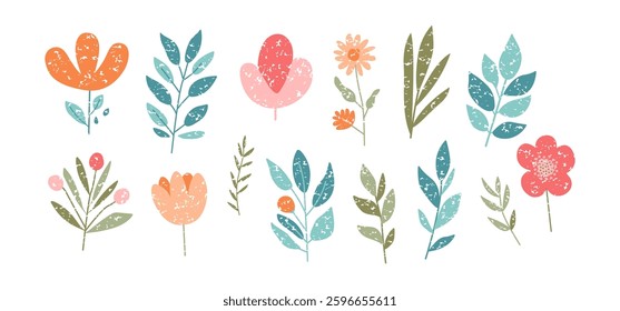 Spring flower crayon icon, cute kid pastel floral set, color chalk childish plant, pencil garden set, bloom and leaf charcoal art isolated on white background. Painting hand drawn vector illustration