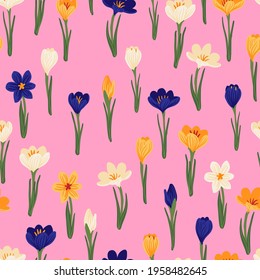 Crocus floral primaveral, azafrán sin costura. Antecedentes para envolver papel, textiles, tela, papel pintado, libro de recortes, felicitación Pascua, Feliz Día de la Madre y la Mujer. Diseño de dibujos animados planos