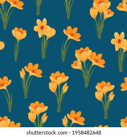 Spring flower crocus, saffron floral seamless pattern. Background for wrapping paper, textile, fabric, wallpaper, scrapbook, congratulation Easter, Happy Mothers and Womens Day. Flat cartoon design