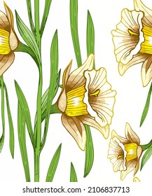Dafédils de flores de primavera, narciso. Vector. Pétalos y amigos. Un símbolo de la primavera y de las fiestas de las mujeres. Para imprimir en tela, papel pintado, cubiertas, portátiles. Ilustración del set "Flor de Narciso"