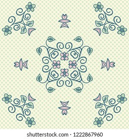 Spring Flower Daisy Wheel Seamless Vector Pattern. Hand Drawn Allover Floral Texture for Fresh Green Textile Prints, Summer Decor, Pretty Backdrops. Feminine Packaging, Nature Gift Wrap, Wallpaper.
