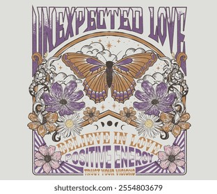 Spring flower. Feel the power of dreams. Unexpected love. Stay positive. Butterfly with flower artwork for t shirt print, poster, sticker, background and other uses.