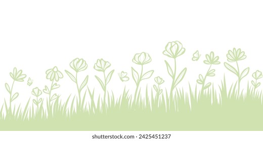 Frühlingsblume fliegender Rand, Vektor-Banner mit handgezeichneten Blumenillustrationen, grüner Hintergrund Design
