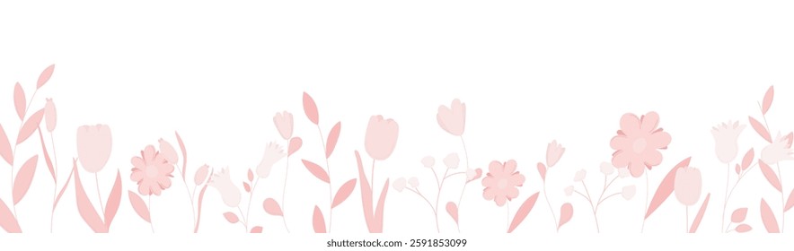 Spring flower frame with botanical design. Rose petal border illustration for floral banner. Wild bloom print with leaves and grass element. Cute nature plant and branch for garden decoration.